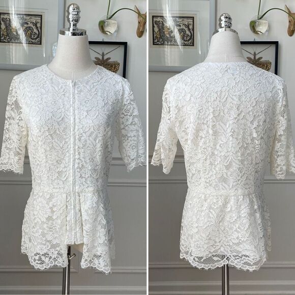 Neiman Marcus White Lace Short Sleeve Full Zip Top Cardigan 6 - Picture 1 of 10